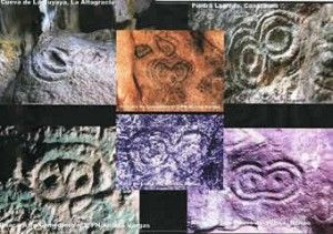 Comparativo del modelo de petroglifo de ojos de lechuza de la cueva (abajo izda.).